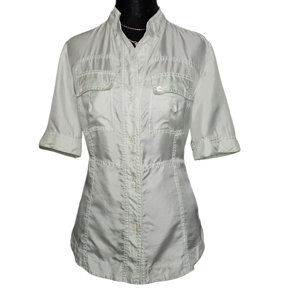 BANANA REPUBLIC 100% Silk Utility Style Short Sleeve Blouse - Light Green